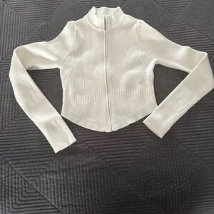 Bershka Cream Ribbed Zip-Up Top